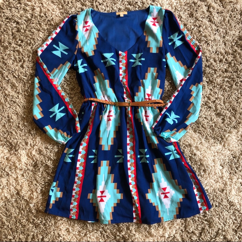Takara Aztec Print Dress, skinny belt, size M